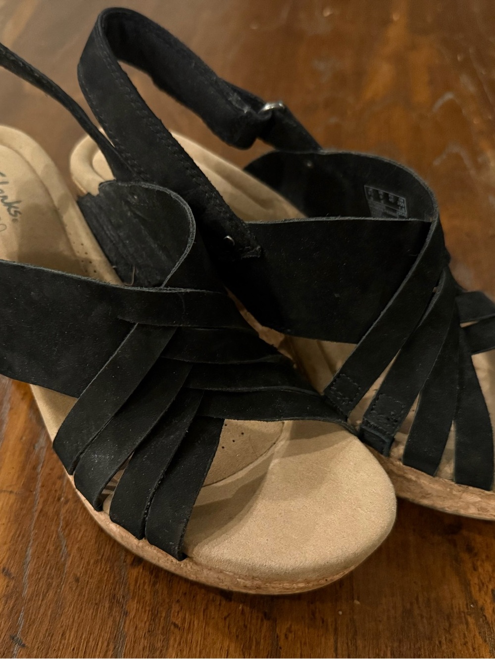 Clarks Black Suede Wedge Sandals with Slingback Size 9